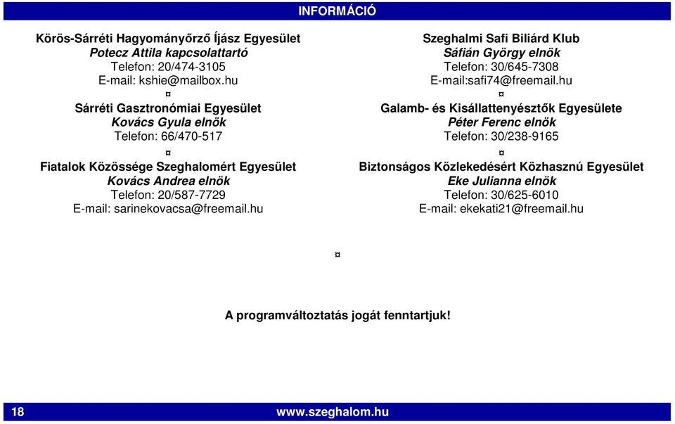 sarinekovacsa@freemail.hu Szeghalmi Safi Biliárd Klub Sáfián György elnök Telefon: 30/645-7308 E-mail:safi74@freemail.