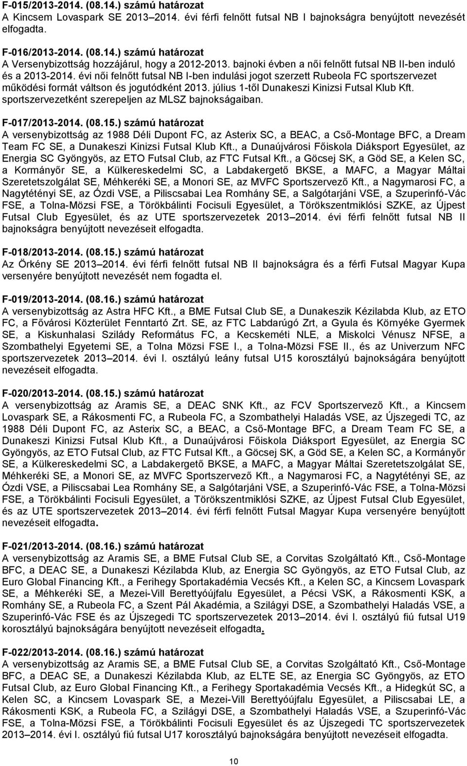 július 1-től Dunakeszi Kinizsi Futsal Klub Kft. sportszervezetként szerepeljen az MLSZ bajnokságaiban. F-017/2013-2014. (08.15.