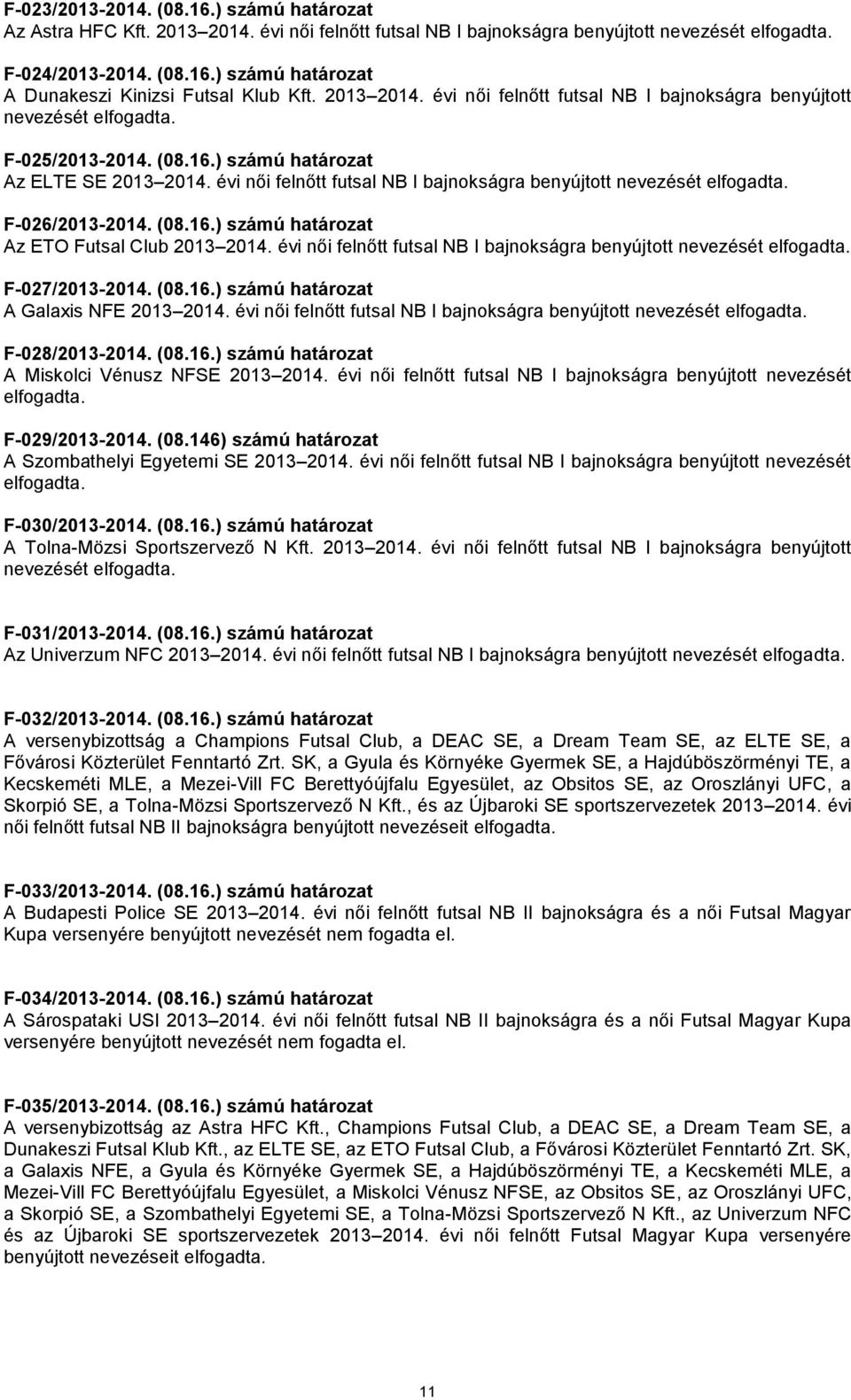 évi női felnőtt futsal NB I bajnokságra benyújtott nevezését elfogadta. F-026/2013-2014. (08.16.) számú határozat Az ETO Futsal Club 2013 2014.