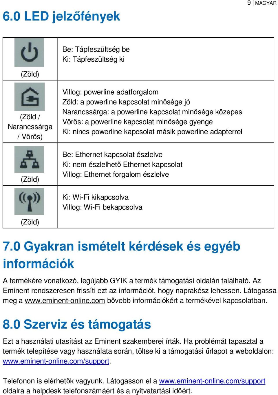 Ethernet kapcsolat Villog: Ethernet forgalom észlelve Ki: Wi-Fi kikapcsolva Villog: Wi-Fi bekapcsolva (Zöld) 7.