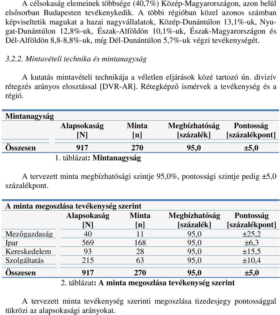 Dél-Alföldön 8,8-8,8%-uk, míg Dél-Dunántúlon 5,7%-uk végzi tevékenységét. 3.2.2. Mintavételi technika és mintanagyság A kutatás mintavételi technikája a véletlen eljárások közé tartozó ún.