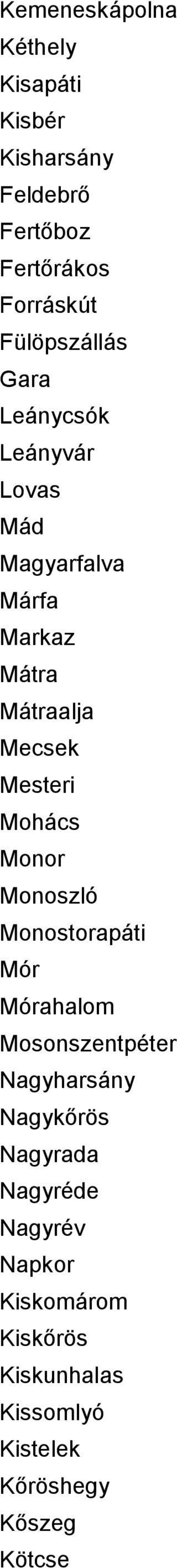 Mesteri Mohács Monor Monoszló Monostorapáti Mór Mórahalom Mosonszentpéter Nagyharsány Nagykırös