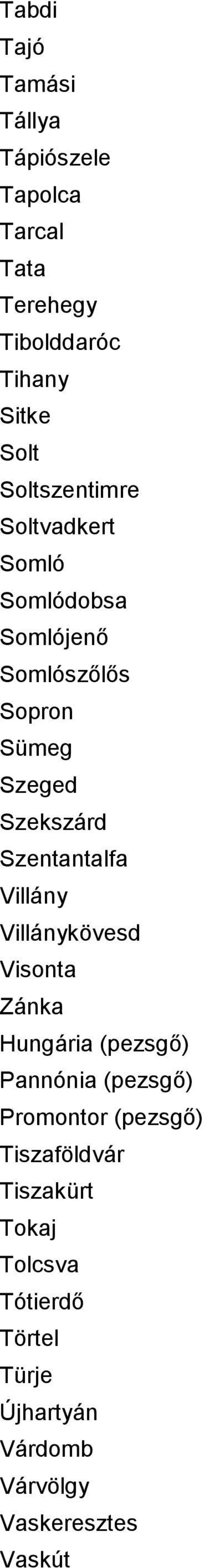 Szentantalfa Villány Villánykövesd Visonta Zánka Hungária (pezsgı) Pannónia (pezsgı) Promontor