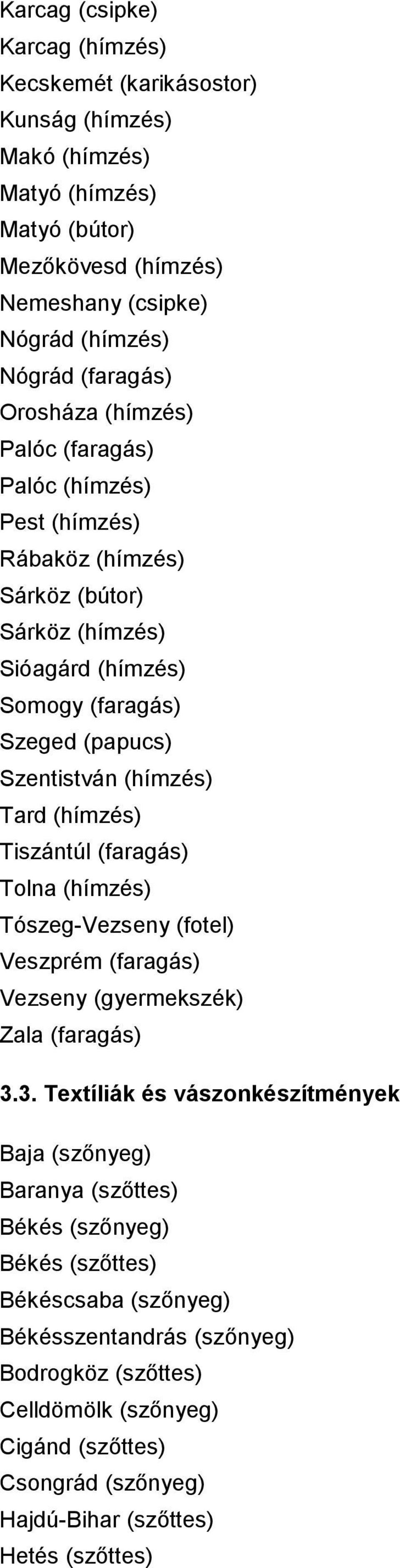 (hímzés) Tiszántúl (faragás) Tolna (hímzés) Tószeg Vezseny (fotel) Veszprém (faragás) Vezseny (gyermekszék) Zala (faragás) 3.