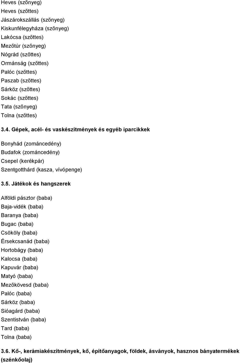 Gépek, acél és vaskészítmények és egyéb iparcikkek Bonyhád (zománcedény) Budafok (zománcedény) Csepel (kerékpár) Szentgotthárd (kasza, vívópenge) 3.5.