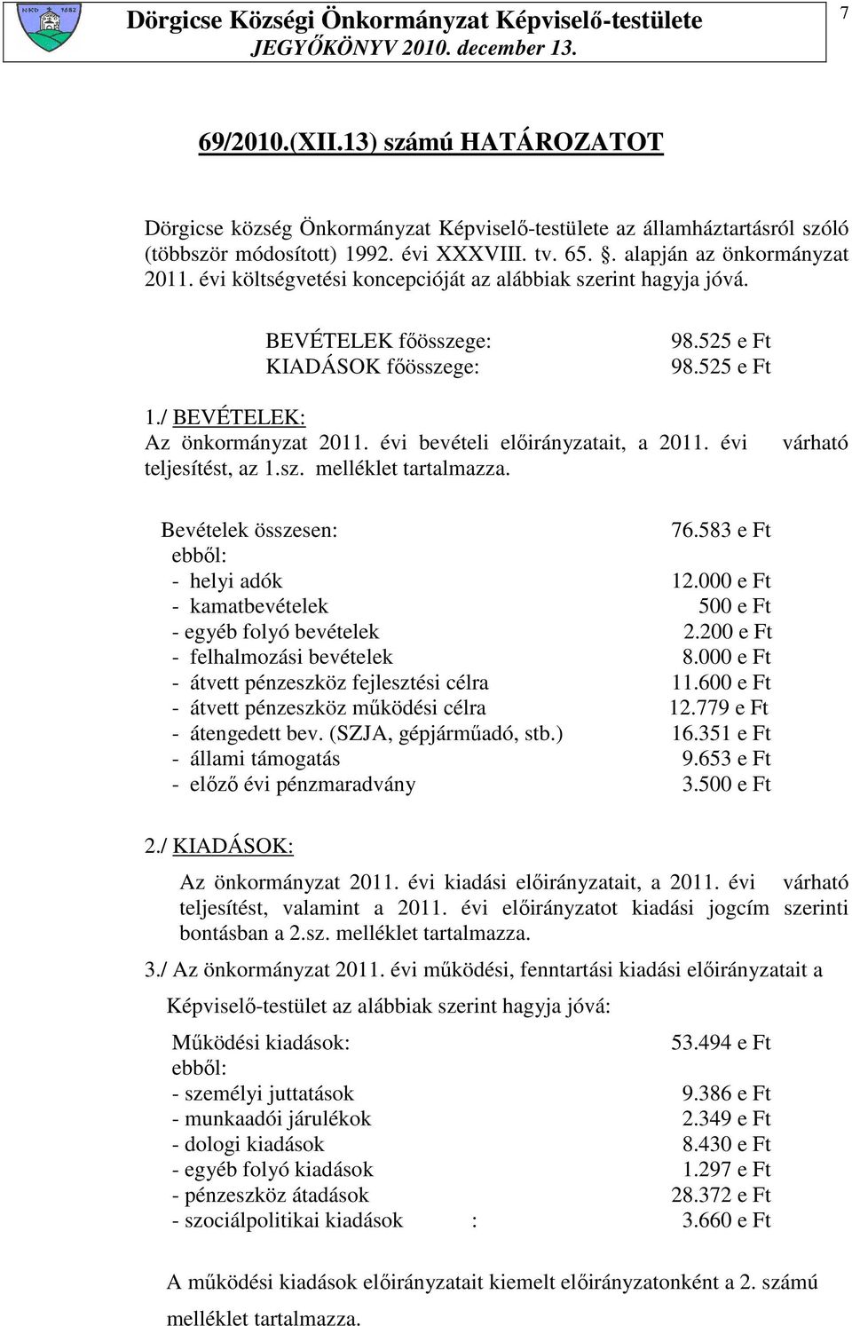 évi bevételi elıirányzatait, a 2011. évi teljesítést, az 1.sz. melléklet tartalmazza. várható Bevételek összesen: 76.583 e Ft ebbıl: - helyi adók 12.