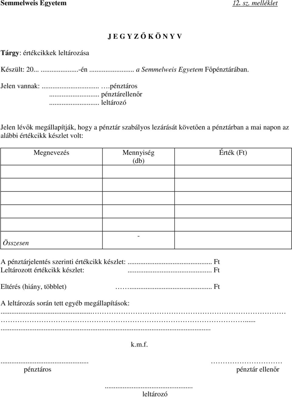 .. leltározó Jelen lévők megállapítják, hogy a pénztár szabályos lezárását követően a pénztárban a mai napon az alábbi értékcikk készlet volt: