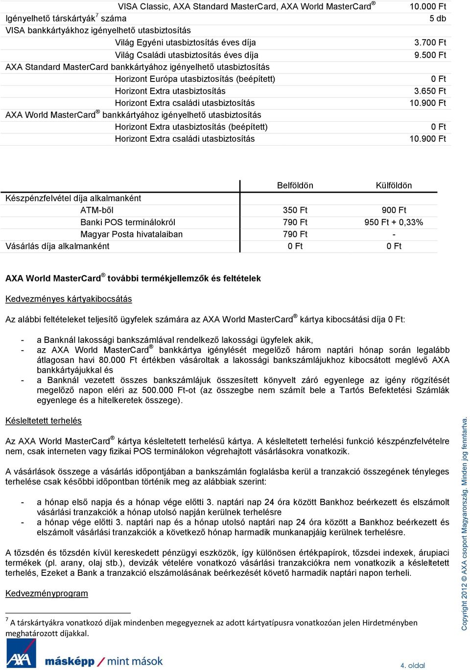 utasbiztosítás AXA World MasterCard bankkártyához igényelhető utasbiztosítás Horizont Extra utasbiztosítás (beépített) Horizont Extra családi utasbiztosítás 10.00 5 db 3.70 9.50 3.65 10.90 10.