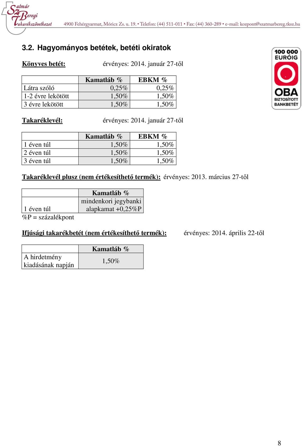 január 27-től Kamatláb % EBKM % 1 éven túl 1,50% 1,50% 2 éven túl 1,50% 1,50% 3 éven túl 1,50% 1,50% Takaréklevél plusz (nem értékesíthető