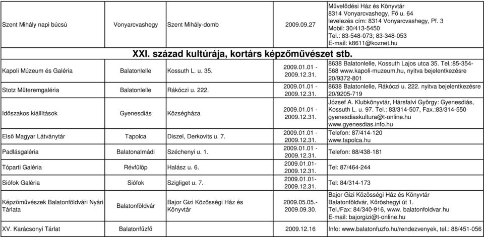 Siófok Galéria Siófok Szigliget u. 7. Képzőművészek Balatonföldvári Nyári Tárlata XXI. század kultúrája, kortárs képzőművészet stb. Balatonföldvár Bajor Gizi Közösségi Ház és Könyvtár 2009.01.01-2009.