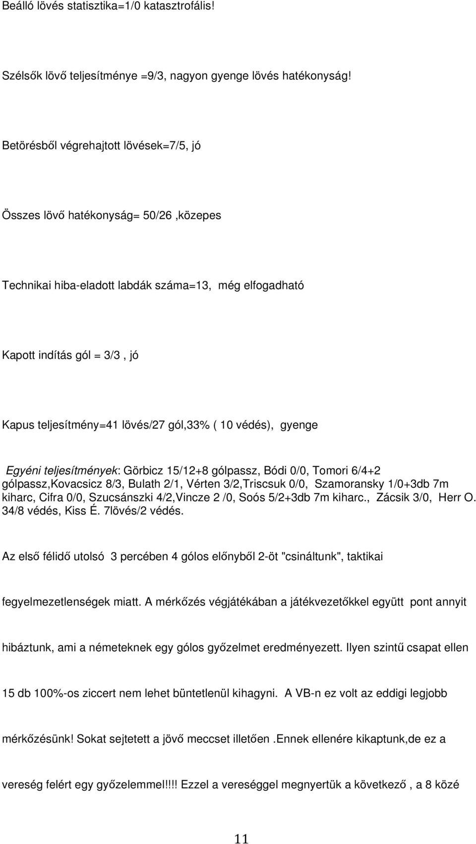 gól,33% ( 10 védés), gyenge Egyéni teljesítmények: Görbicz 15/12+8 gólpassz, Bódi 0/0, Tomori 6/4+2 gólpassz,kovacsicz 8/3, Bulath 2/1, Vérten 3/2,Triscsuk 0/0, Szamoransky 1/0+3db 7m kiharc, Cifra