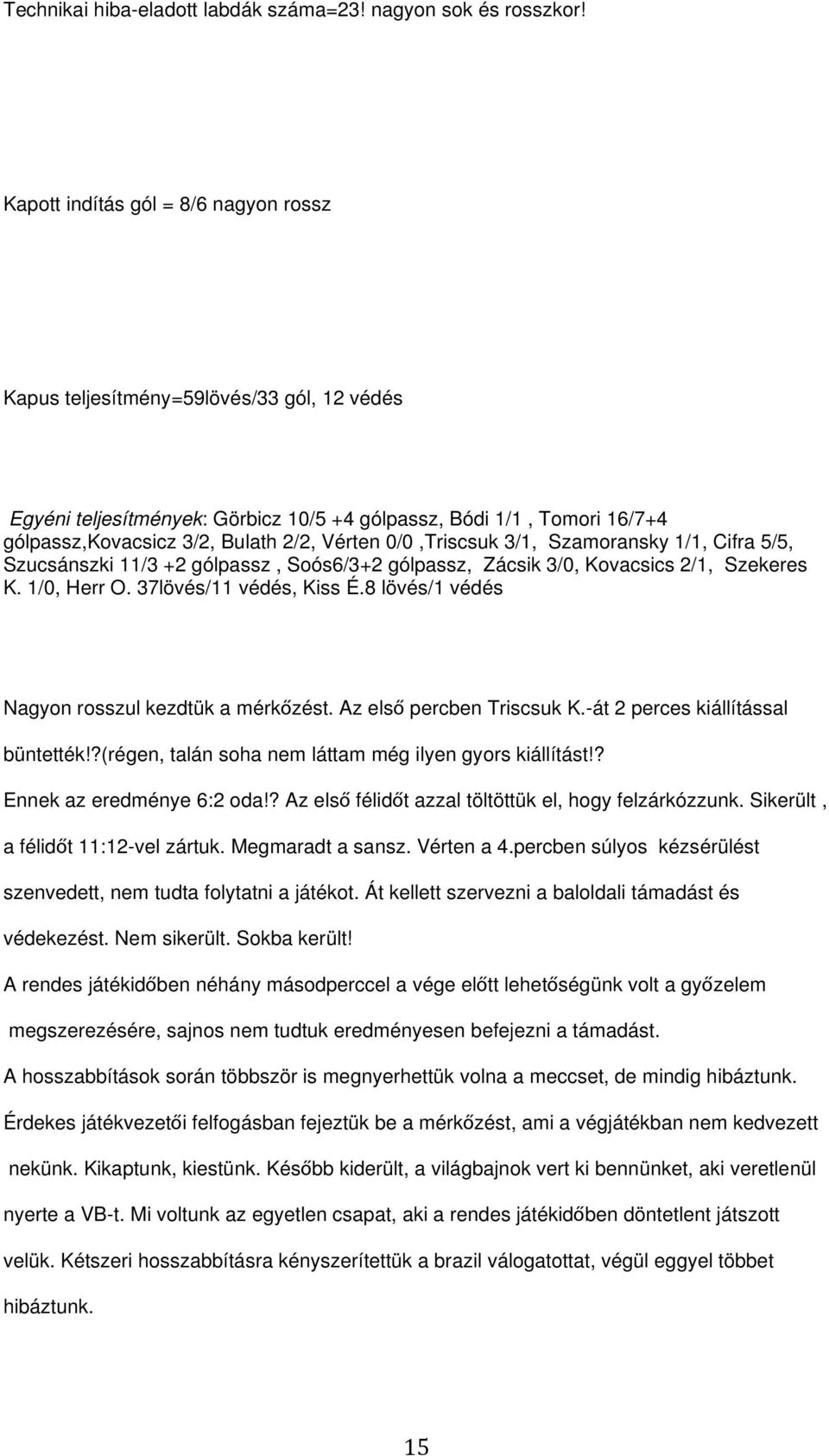 0/0,Triscsuk 3/1, Szamoransky 1/1, Cifra 5/5, Szucsánszki 11/3 +2 gólpassz, Soós6/3+2 gólpassz, Zácsik 3/0, Kovacsics 2/1, Szekeres K. 1/0, Herr O. 37lövés/11 védés, Kiss É.