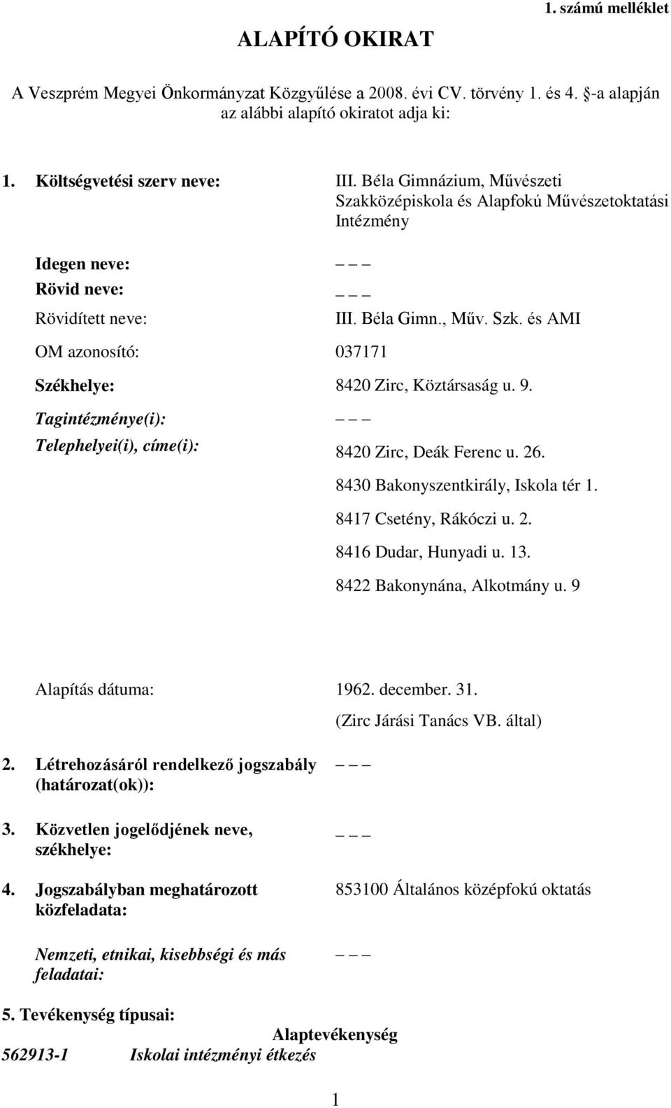 és AMI Székhelye: 8420 Zirc, Köztársaság u. 9. Tagintézménye(i): Telephelyei(i), címe(i): 8420 Zirc, Deák Ferenc u. 26. 8430 Bakonyszentkirály, Iskola tér 1. 8417 Csetény, Rákóczi u. 2. 8416 Dudar, Hunyadi u.