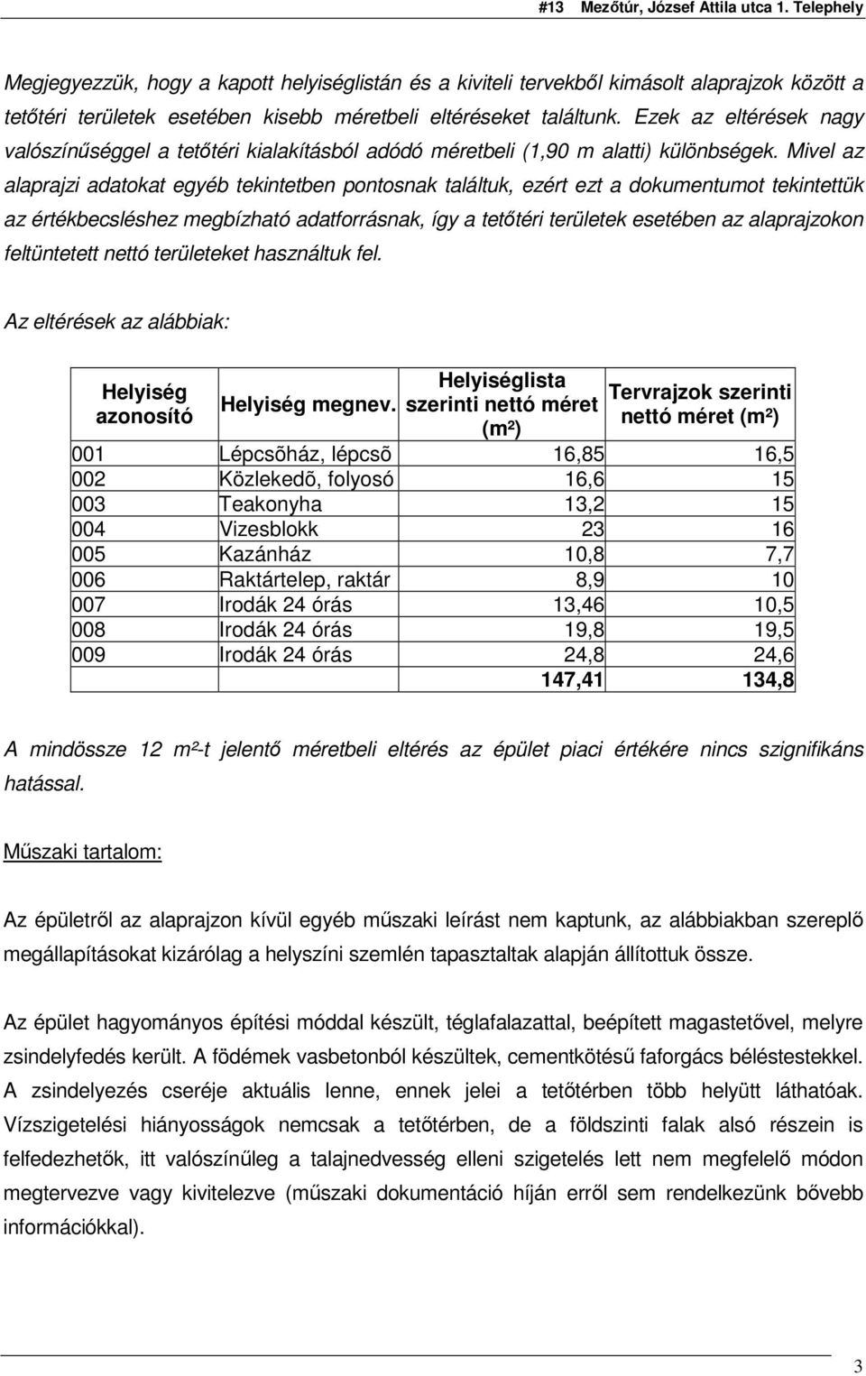 Mivel az alaprajzi adatokat egyéb tekintetben pontosnak találtuk, ezért ezt a dokumentumot tekintettük az értékbecsléshez megbízható adatforrásnak, így a tetıtéri területek esetében az alaprajzokon