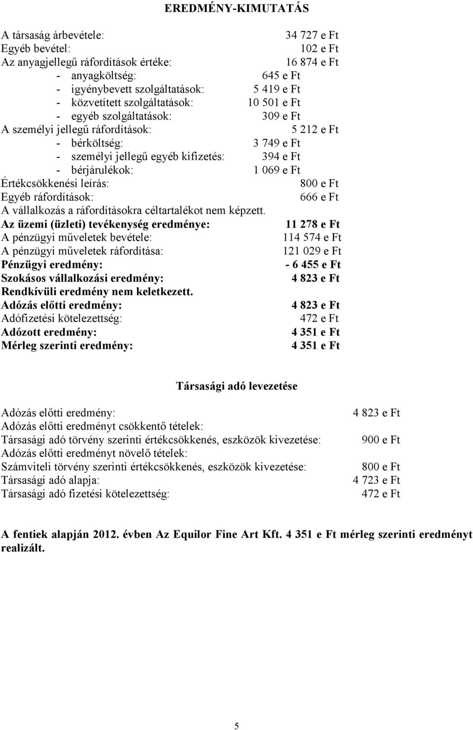 bérjárulékok: 1 069 e Ft Értékcsökkenési leírás: 800 e Ft Egyéb ráfordítások: 666 e Ft A vállalkozás a ráfordításokra céltartalékot nem képzett.