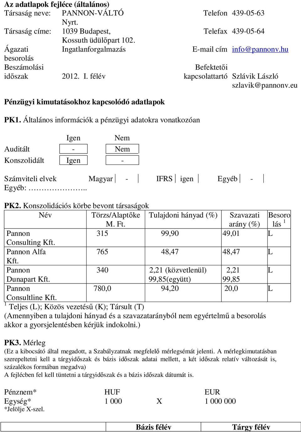 Általános információk a pénzügyi adatokra vonatkozóan Igen Nem Auditált - Nem Konszolidált Igen - Számviteli elvek Magyar - IFRS igen Egyéb - Egyéb:.. PK2.