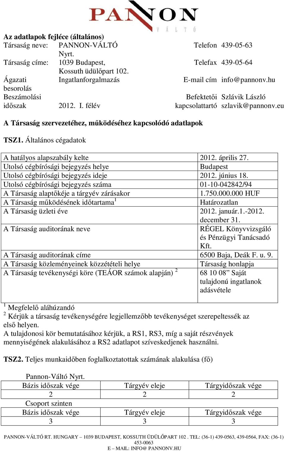 Utolsó cégbírósági bejegyzés helye Budapest Utolsó cégbírósági bejegyzés ideje 2012. június 18. Utolsó cégbírósági bejegyzés száma 01-10-042842/94 A Társaság alaptıkéje a tárgyév zárásakor 1.750.000.