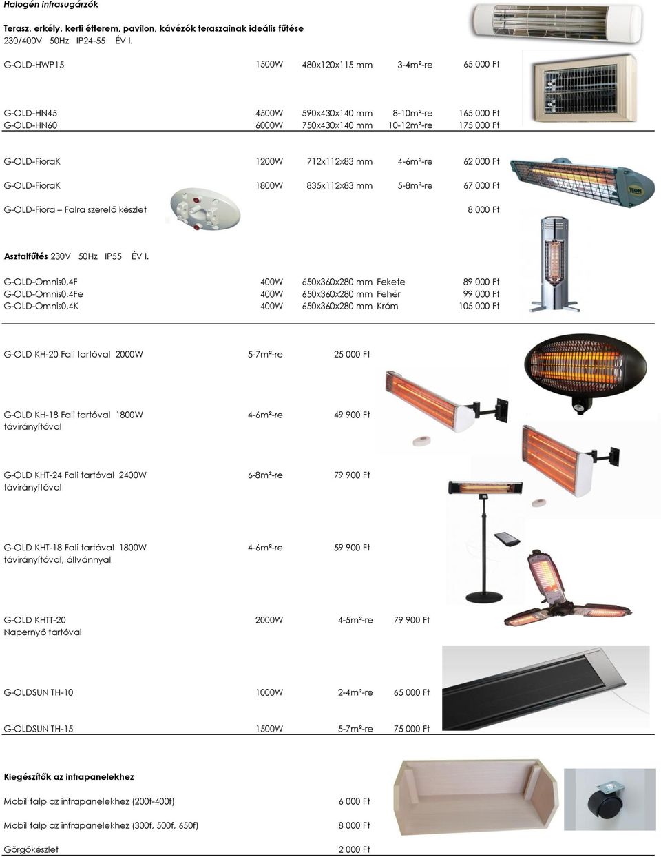 4-6m²-re 62 000 Ft G-OLD-FioraK 1800W 835x112x83 mm 5-8m²-re 67 000 Ft G-OLD-Fiora Falra szerelő készlet 8 000 Ft Asztalfűtés 230V 50Hz IP55 ÉV I.
