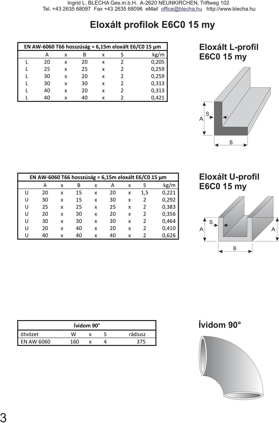 -60 NEUNKIRCHEN, Triftweg 10 Eloxált profilok E6C0 15 my EN W-6060 T66 hosszúság = 6,15m eloxált E6/C0 15 µm x x kg/m L 0 x 0 x 0,05 L 5 x