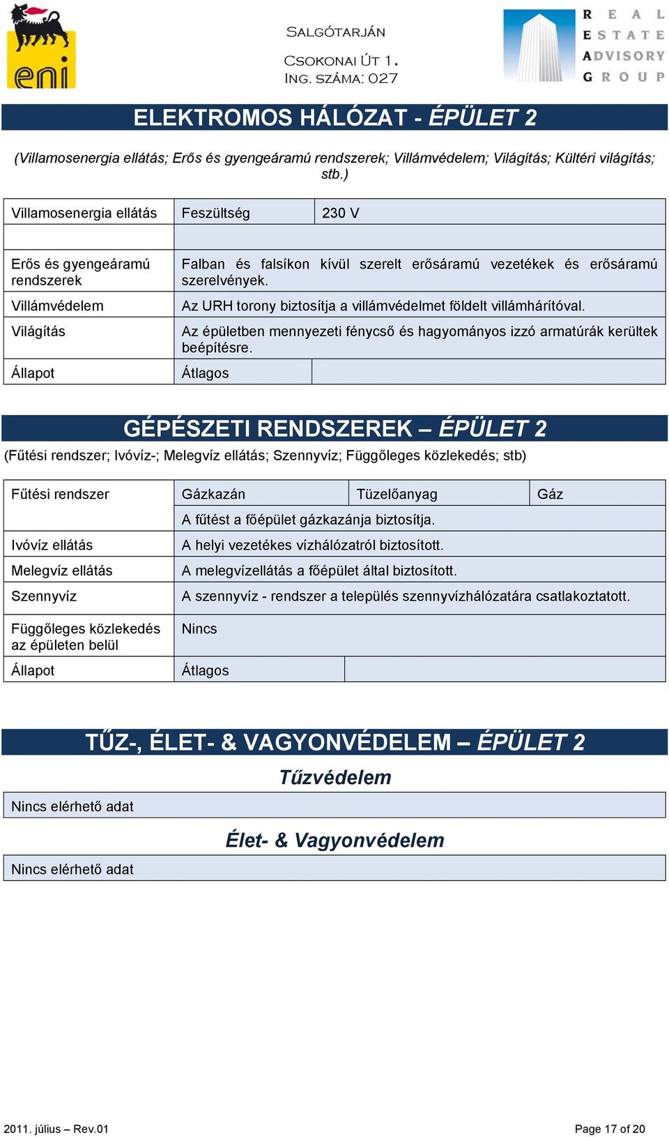 Az URH torony biztosítja a villámvédelmet földelt villámhárítóval. Az épületben mennyezeti fénycső és hagyományos izzó armatúrák kerültek beépítésre.