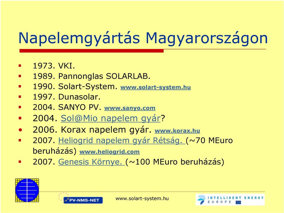2006. Korax napelem gyár.www.korax.hu 2007. Heliogrid napelem gyár Rétság.