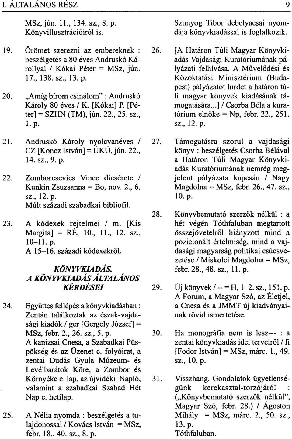 2., 6. sz., 12. p. Múlt századi szabadkai bibliofil. 23. A kódexek rejtelmei / m. [Kis Margita] = RÉ, 10., 11., 12. sz., 10-11. p. A 15-16. századi kódexekről. KÖNYVKIADÁS.