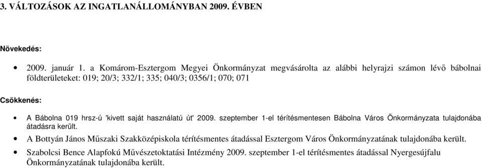 Csökkenés: A Bábolna 019 hrsz-ú 'kivett saját használatú út' 2009. szeptember 1-el térítésmentesen Bábolna Város Önkormányzata tulajdonába átadásra került.