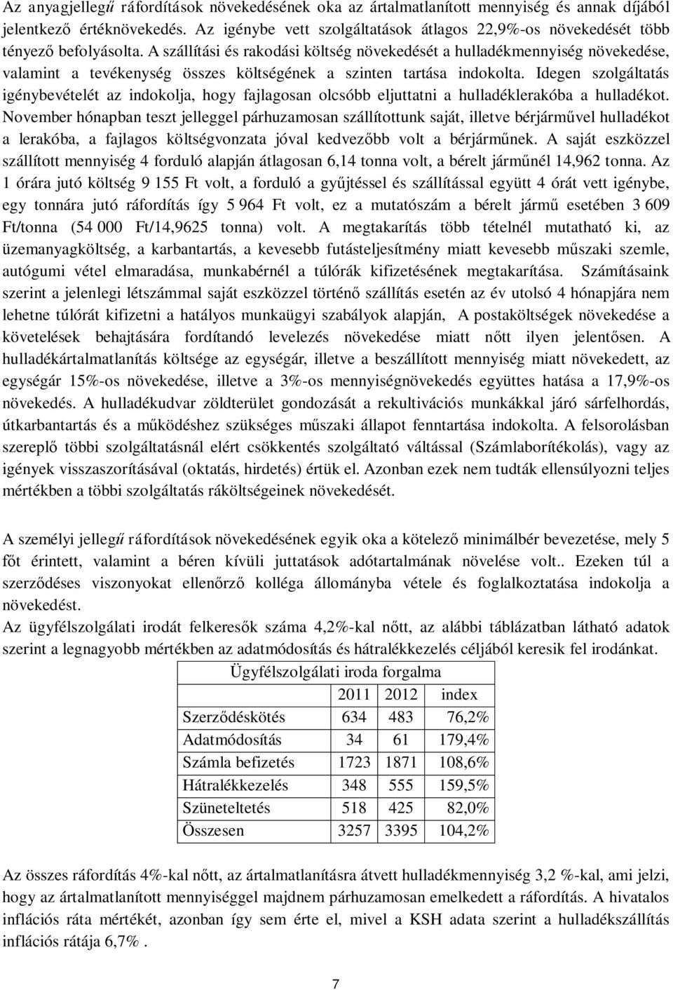 A szállítási és rakodási költség növekedését a hulladékmennyiség növekedése, valamint a tevékenység összes költségének a szinten tartása indokolta.