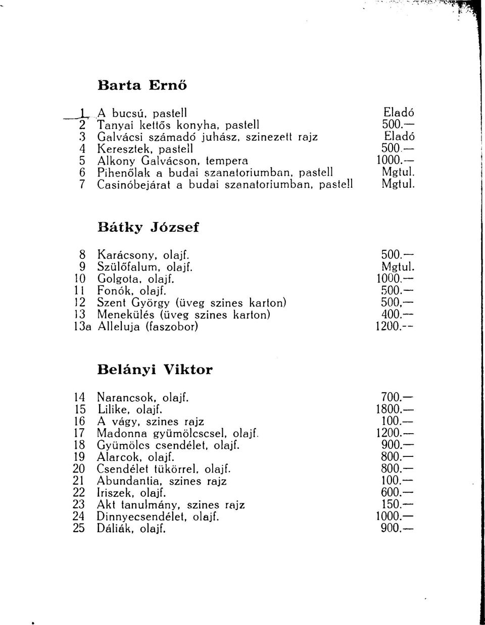 1000-11 Fonók, olajf. 500-12 Szent György (üveg szines karton) 500, 13 Menekülés (üveg szines karton) 400. 13a Alleluja (faszobor) 1200. Belányi Viktor 14 Narancsok, olajf. 700. 15 Lilike, olajf.