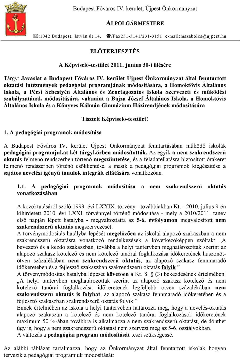 kerület Újpest Önkormányzat által fenntartott oktatási intézmények pedagógiai programjának módosítására, a Homoktövis Általános Iskola, a Pécsi Sebestyén Általános és Zenetagozatos Iskola Szervezeti