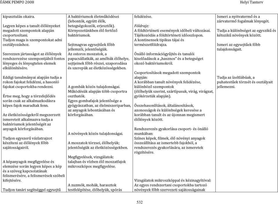 Eddigi tanulmányai alapján tudja a rokon fajokat felidézni, a hasonló fajokat csoportokba rendezni. Értse meg, hogy a törzsfejlődés során csak az alkalmazkodásra képes fajok maradtak fenn.