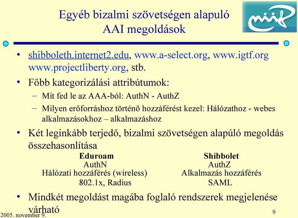 alkalmazásokhoz alkalmazáshoz Két leginkább terjedő, bizalmi szövetségen alapúló megoldás összehasonlítása Eduroam Shibbolet AuthN AuthZ