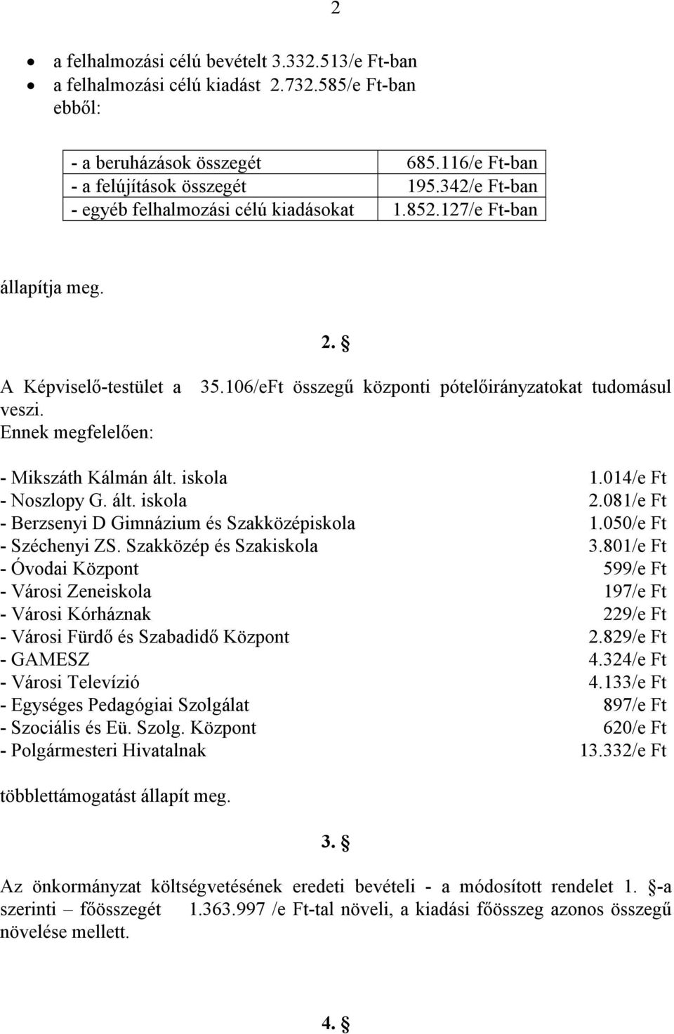 106/eFt összegű központi pótelőirányzatokat tudomásul - Mikszáth Kálmán ált. iskola 1.014/e Ft - Noszlopy G. ált. iskola 2.081/e Ft - Berzsenyi D Gimnázium és Szakközépiskola 1.