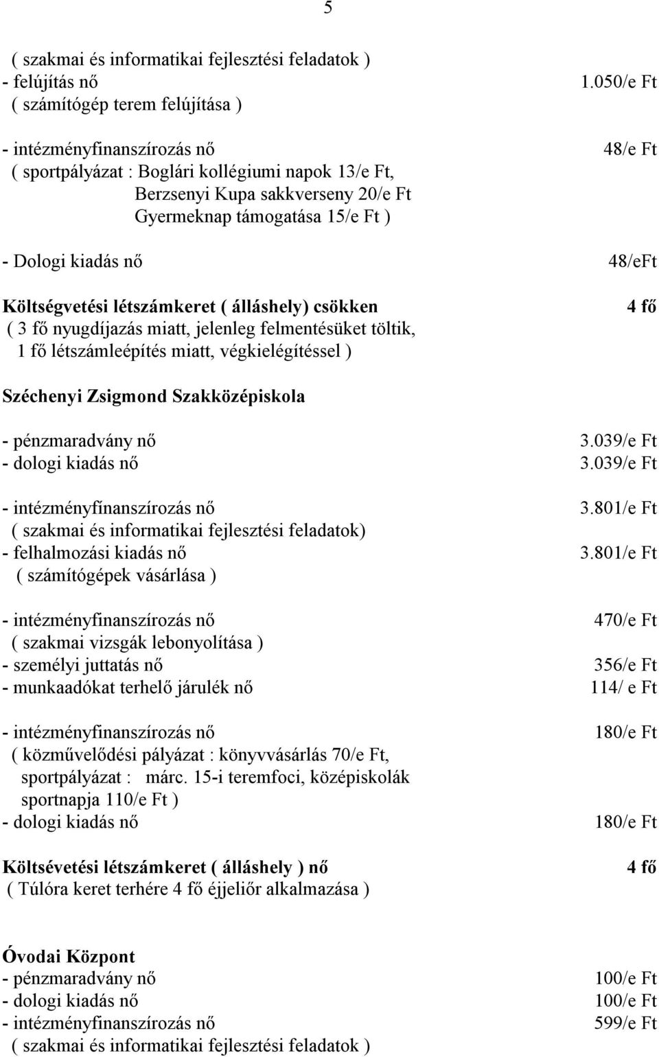 050/e Ft 48/e Ft - Dologi kiadás nő 48/eFt Költségvetési létszámkeret ( álláshely) csökken ( 3 fő nyugdíjazás miatt, jelenleg felmentésüket töltik, 1 fő létszámleépítés miatt, végkielégítéssel ) 4 fő