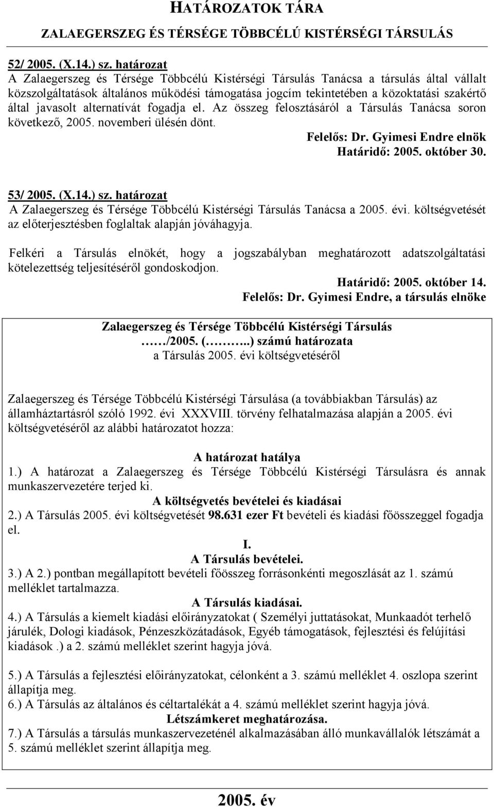 javasolt alternatívát fogadja el. Az összeg felosztásáról a Társulás Tanácsa soron következő, 2005. novemberi ülésén dönt. Határidő: 2005. október 30. 53/ 2005. (X.14.) sz.