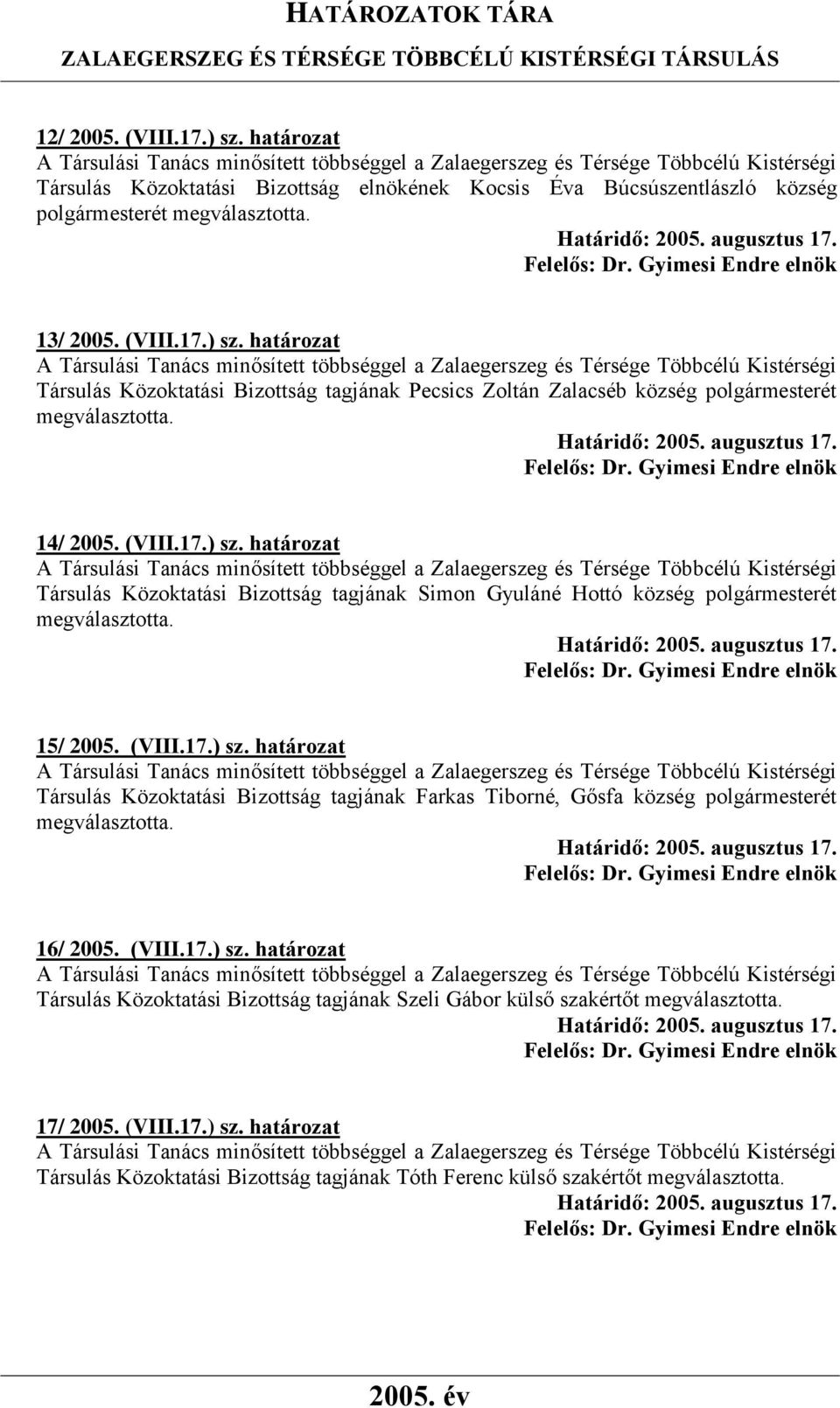 16/ 2005. (VIII.17.) sz. határozat Társulás Közoktatási Bizottság tagjának Szeli Gábor külső szakértőt megválasztotta. 17/ 2005. (VIII.17.) sz. határozat Társulás Közoktatási Bizottság tagjának Tóth Ferenc külső szakértőt megválasztotta.