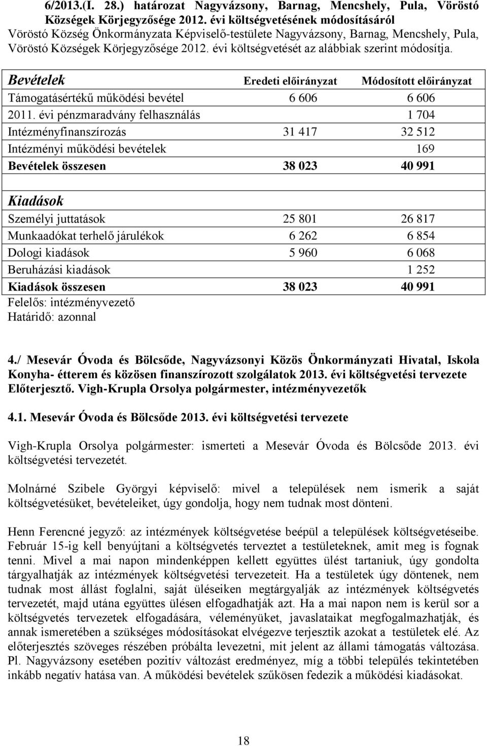 évi költségvetését az alábbiak szerint módosítja. Bevételek Eredeti előirányzat Módosított előirányzat Támogatásértékű működési bevétel 6 606 6 606 2011.