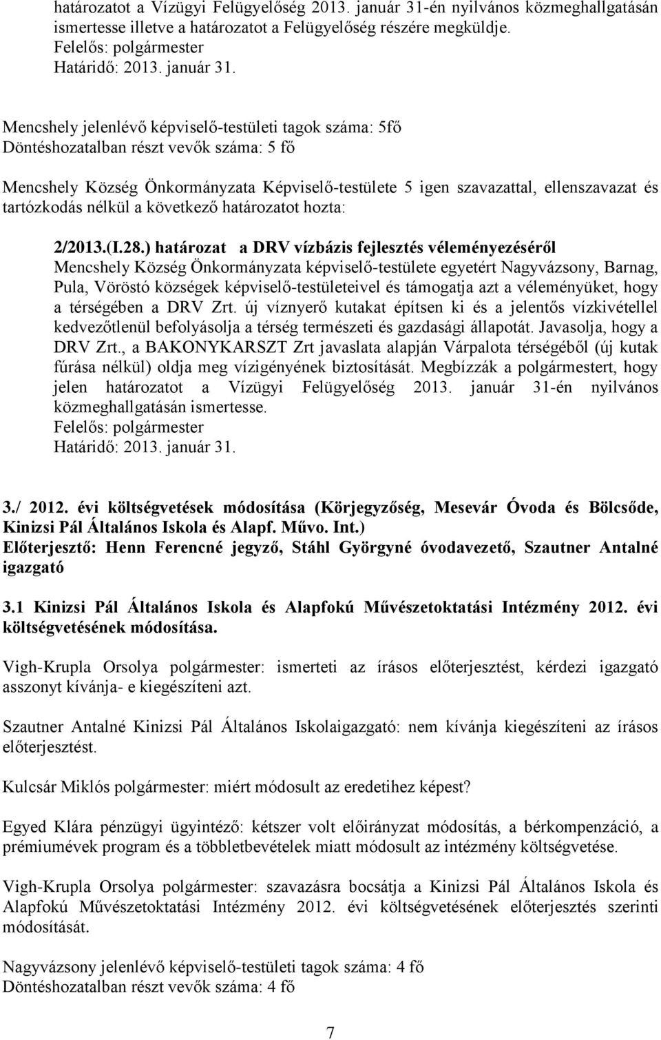Mencshely jelenlévő képviselő-testületi tagok száma: 5fő Mencshely Község Önkormányzata Képviselő-testülete 5 igen szavazattal, ellenszavazat és 2/2013.(I.28.