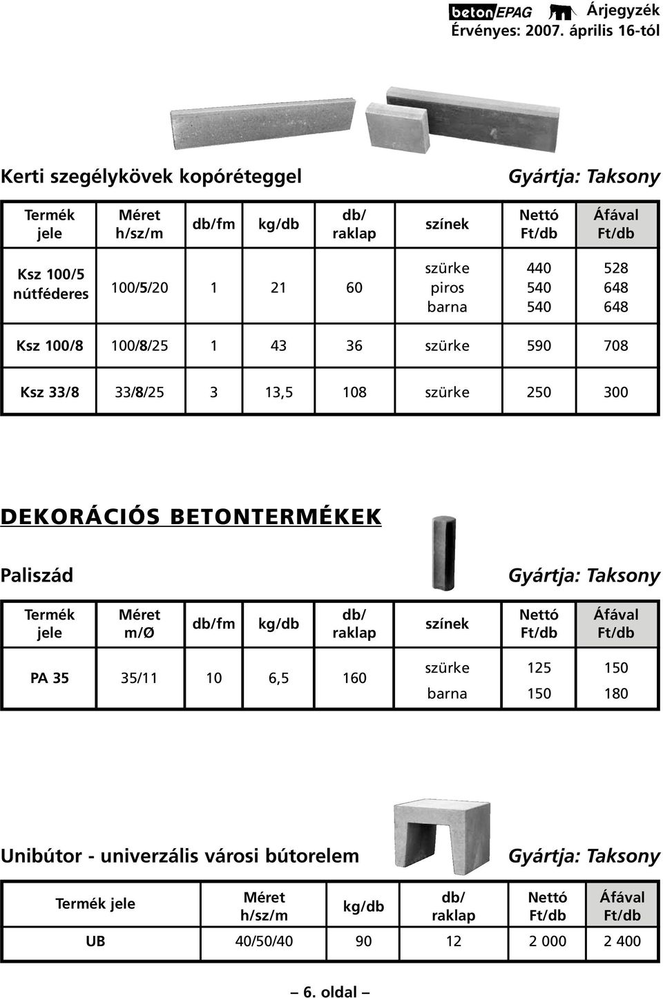 BETONTERMÉKEK Paliszád fm jele m/ø raklap Ft/db Ft/db PA 35 35/11 10 6,5 160 szürke 125 150 barna 150 180