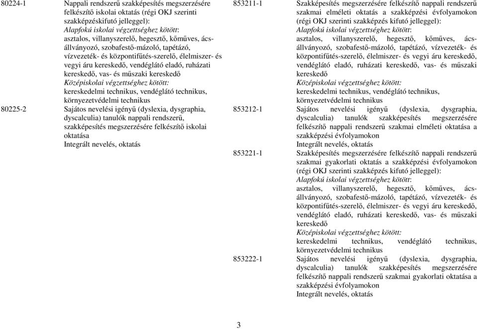 kereskedő Középiskolai végzettséghez kötött: kereskedelmi technikus, vendéglátó technikus, környezetvédelmi technikus 80225-2 Sajátos nevelési igényű (dyslexia, dysgraphia, dyscalculia) tanulók