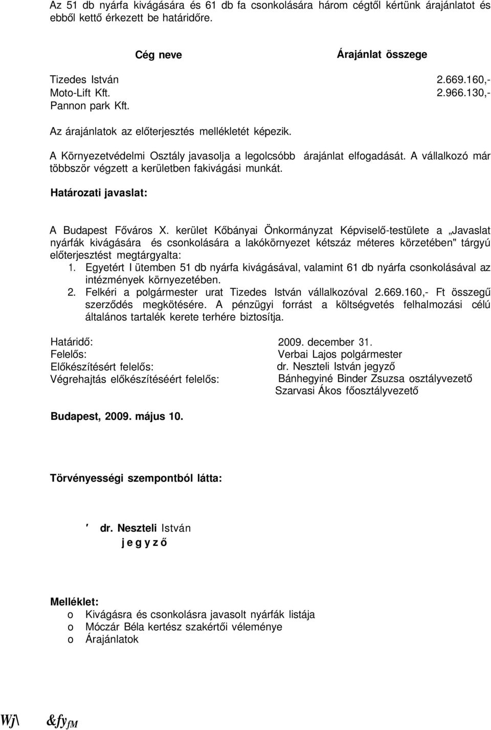 A vállalkozó már többször végzett a kerületben fakivágási munkát. Határozati javaslat: A Budapest Főváros X.