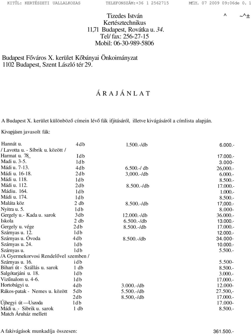 kerület különböző címein lévő fák ifjitásáról, illetve kivágásáról a címlista alapján. Kivapjásm javasolt fák: Hannát u. 4db / Lavotta u. - Síbrik u. között / l.500.-/db Harmat u. 78_ Idb Madi u. 3-5.