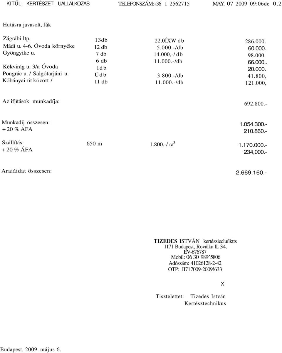 000, Az ifjítások munkadíja: 692.800.- Munkadíj összesen: + 20 % AFA 1.054.300.- 210.860.- Szállítás: + 20 % ÁFA 650 m 1.800.-/ ra 3 1.170.000.- 234,000.- Araiáidat összesen: 2.669.160.