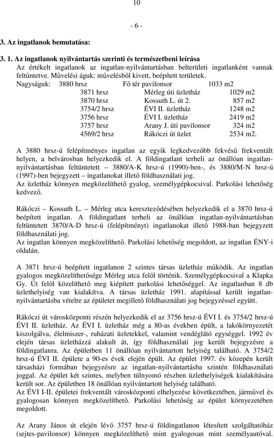 üzletház 1248 m2 3756 hrsz ÉVI I. üzletház 2419 m2 3757 hrsz Arany J. úti pavilonsor 324 m2 4569/2 hrsz Rákóczi út üzlet 2534 m2.