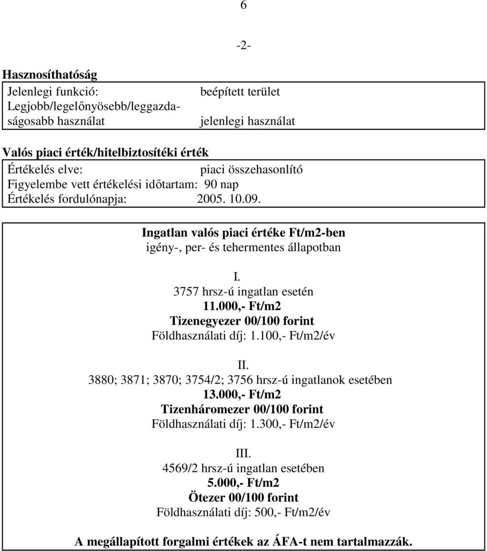 3757 hrsz-ú ingatlan esetén 11.000,- Ft/m2 Tizenegyezer 00/100 forint Földhasználati díj: 1.100,- Ft/m2/év II. 3880; 3871; 3870; 3754/2; 3756 hrsz-ú ingatlanok esetében 13.