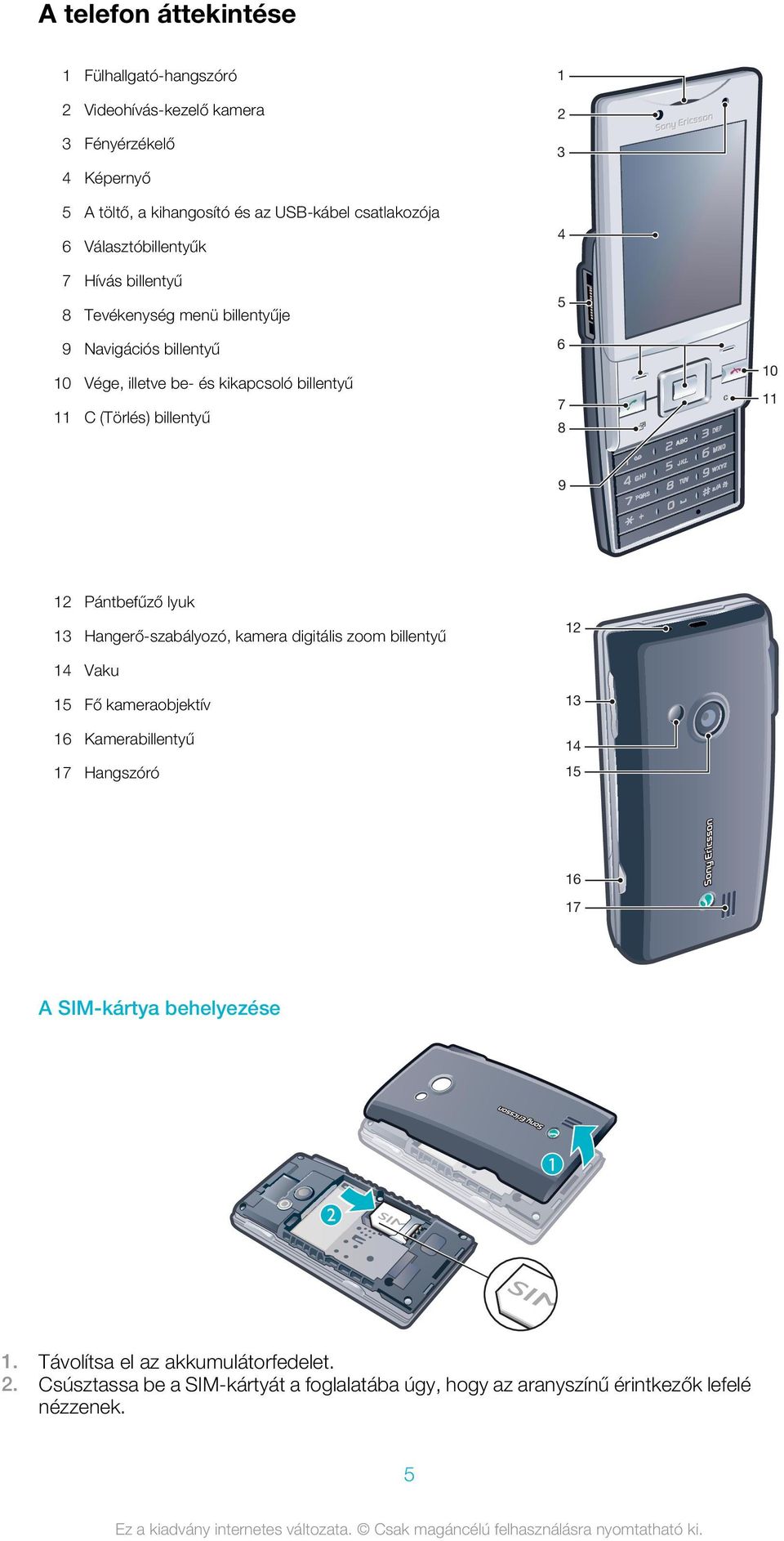 4 5 6 7 8 10 11 9 12 Pántbefűző lyuk 13 Hangerő-szabályozó, kamera digitális zoom billentyű 14 Vaku 15 Fő kameraobjektív 16 Kamerabillentyű 17 Hangszóró 12 13 14