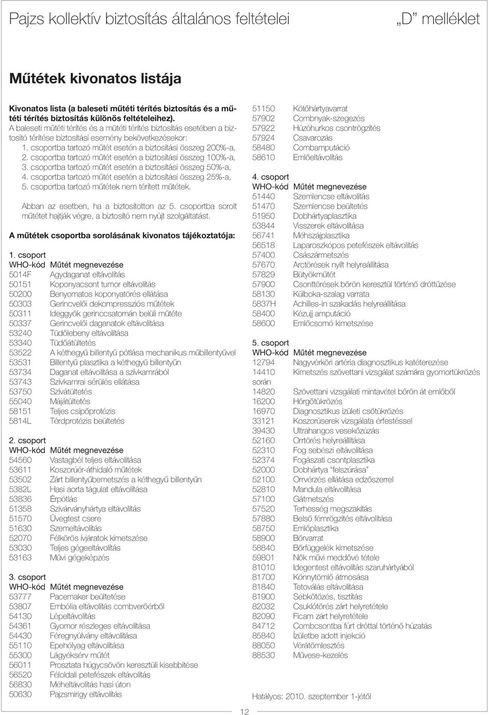 csoportba tartozó mûtét esetén a biztosítási összeg 100%-a, 3. csoportba tartozó mûtét esetén a biztosítási összeg 50%-a, 4. csoportba tartozó mûtét esetén a biztosítási összeg 25%-a, 5.