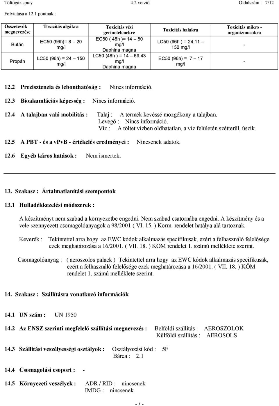 69,43 mg/l Daphina magna Toxicitás halakra Toxicitás mikro - organizmusokra LC50 (96h ) = 24,11 150 mg/l - EC50 (96h) = 7 17 mg/l - 12.2 Prezisztenzia és lebonthatóság : Nincs információ. 12.3 Bioakumlációs képesség : Nincs információ.