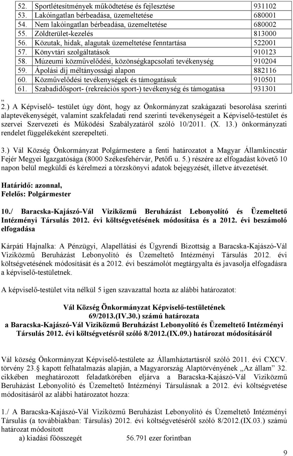 Ápolási díj méltányossági alapon 882116 60. Közművelődési tevékenységek és támogatásuk 910501 61. Szabadidősport- (rekreációs sport-) tevékenység és támogatása 931301 2.