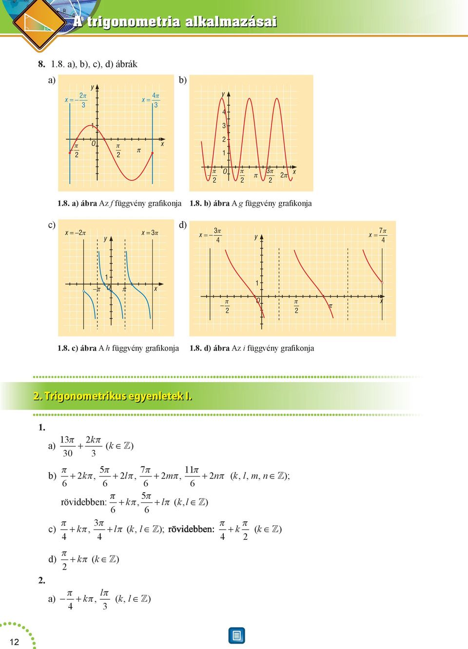 c) ábra A h függvény grafikonja 8. d) ábra Az i függvény grafikonja. Trigonometrikus egyenletek I.